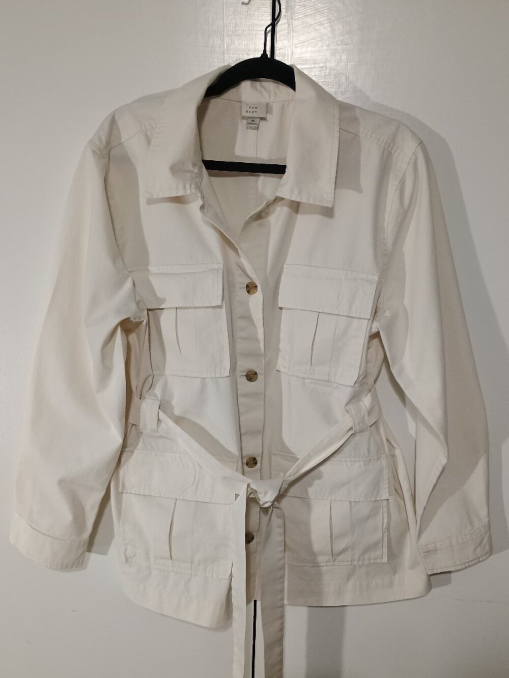 A New Day Women's Utility Safari Jacket XL Ivory Cream 100% Cotton Belted Cargo - Picture 2 of 8